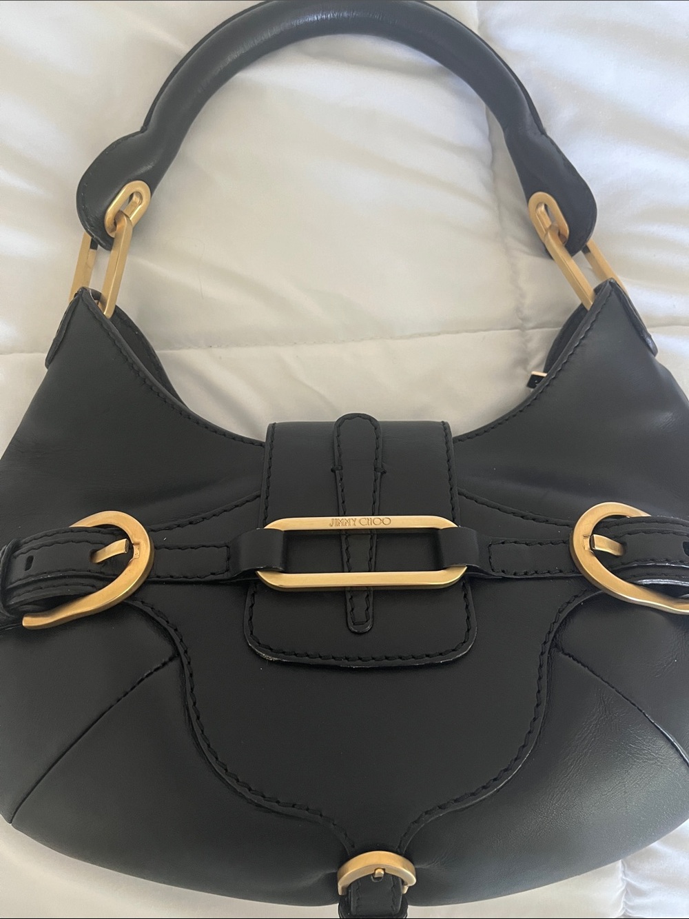 Jimmy Choo Black Leather Shoulder Bag with Gold-Tone Hardware